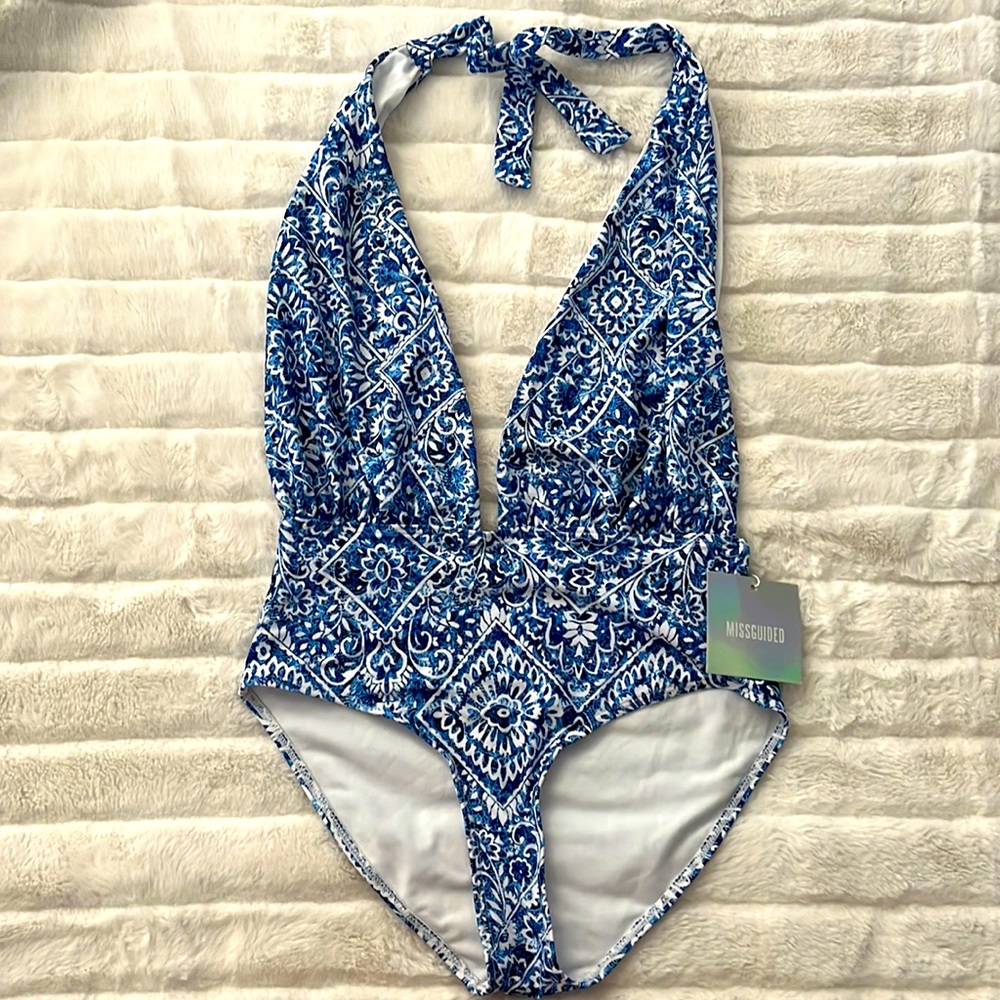 NWT Missguided Deep Plunge Patterned Swimsuit